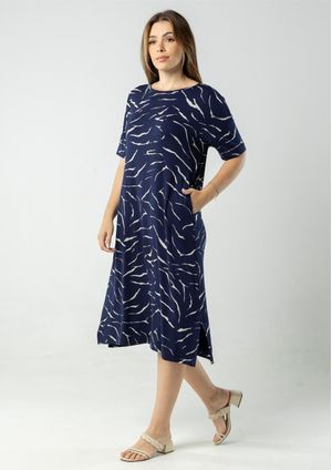 Vestido Midi Pau a Pique Estampado Azul Marinho