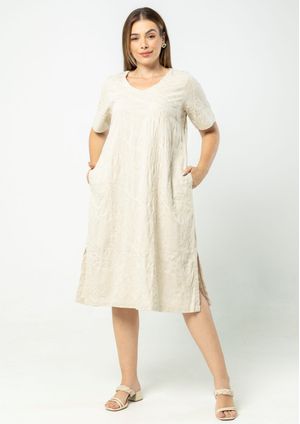 Vestido Viscolinho Bordado Pau a Pique Off White