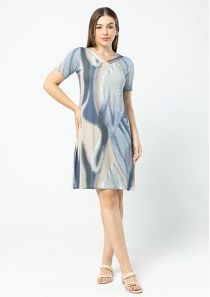 Vestido Pau a Pique Estampado Azul e Bege