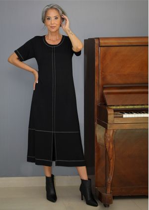 Vestido Midi Manga Curta Pau a Pique Preto