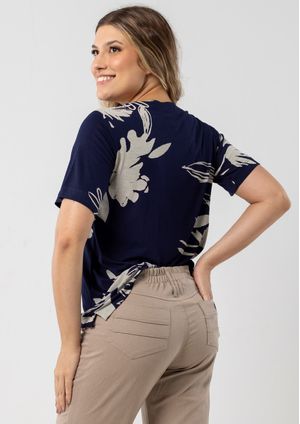 Blusa Pau a Pique Estampada Azul Marinho