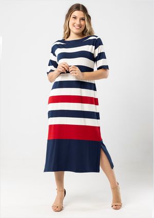 Vestido Midi Pau a Pique Listrado Azul Marinho
