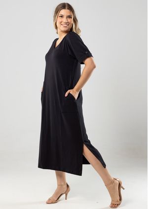 Vestido Midi Manga Curta Pau a Pique Preto