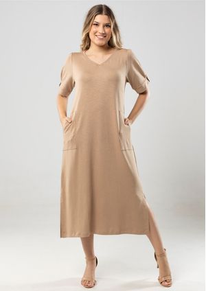 Vestido Midi Manga Curta Pau a Pique Bege