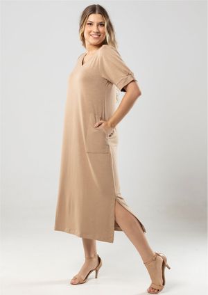 Vestido Midi Manga Curta Pau a Pique Bege