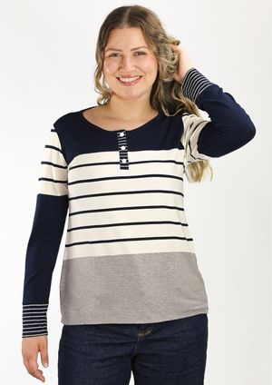 Blusa Manga Longa Listrada Cinza e Azul Marinho