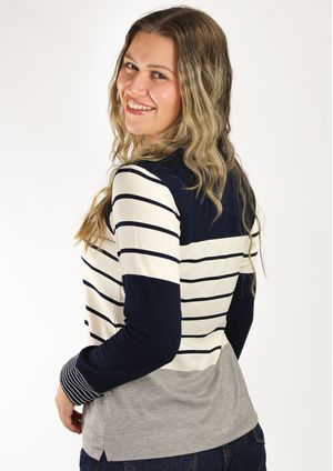 Blusa Manga Longa Listrada Cinza e Azul Marinho