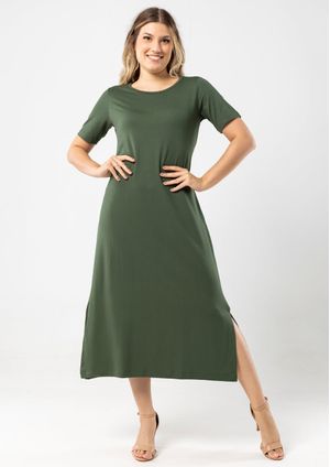 Vestido Midi Manga Curta Pau a Pique Verde