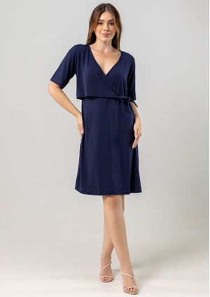 Vestido Pau a Pique Transpassado Básico Azul Marinho