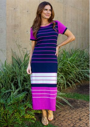 Vestido Midi Listrado Pau a Pique Fúcsia