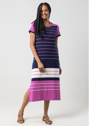 Vestido Midi Listrado Pau a Pique Fúcsia