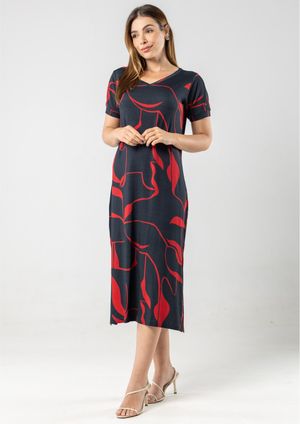 Vestido Midi Pau a Pique Estampado Azul Marinho e Vermelho