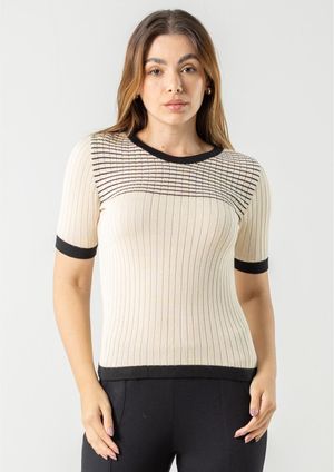 Blusa Manga Curta Pau a Pique Modal Listrada Bege/Preto