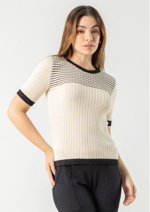 Blusa Manga Curta Pau a Pique Modal Listrada Bege/Preto