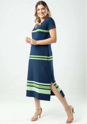 Vestido Midi Listrado Pau a Pique Azul Marinho e Verde