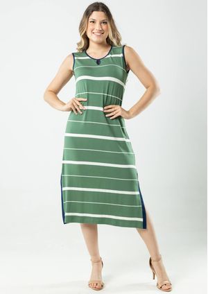 Vestido Regata Midi Pau a Pique Listrado Verde