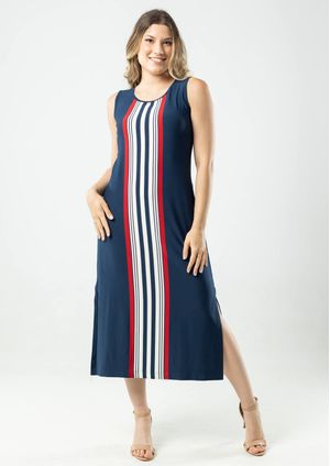 Vestido Midi Listrado Pau a Pique Azul Marinho
