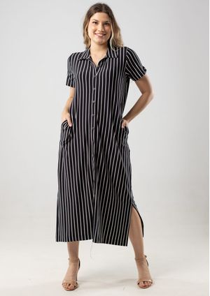 Vestido Chemise Pau a Pique listrado Preto