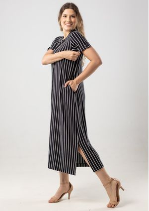 Vestido Chemise Pau a Pique listrado Preto