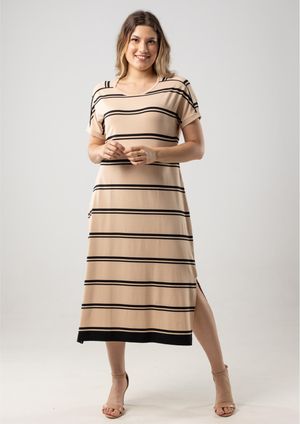 Vestido Midi Pau a Pique Listrado Bege