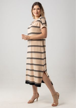 Vestido Midi Pau a Pique Listrado Bege