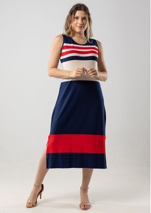 Vestido Midi Listrado Pau a Pique Azul Marinho