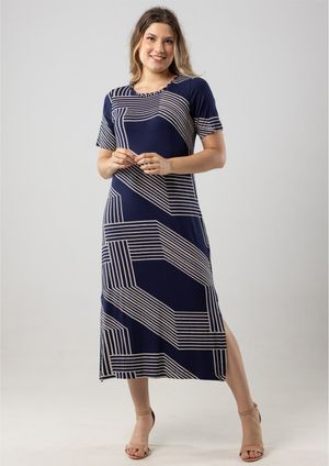 Vestido Midi Estampado Pau a Pique Azul Marinho