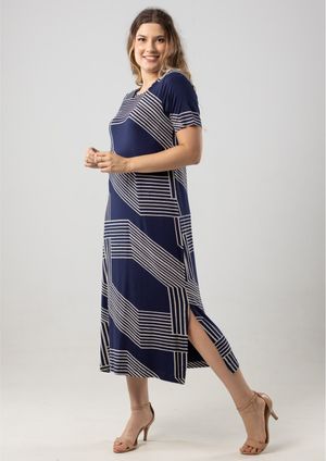 Vestido Midi Estampado Pau a Pique Azul Marinho
