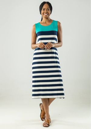 Vestido Midi Listrado Pau a Pique Azul Marinho