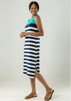 Vestido Midi Listrado Pau a Pique Azul Marinho