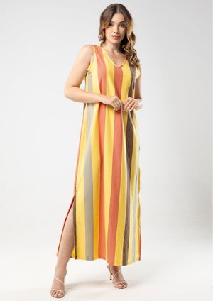 Vestido Longo Pau a Pique Listrado Amarelo