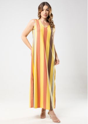 Vestido Longo Pau a Pique Listrado Amarelo