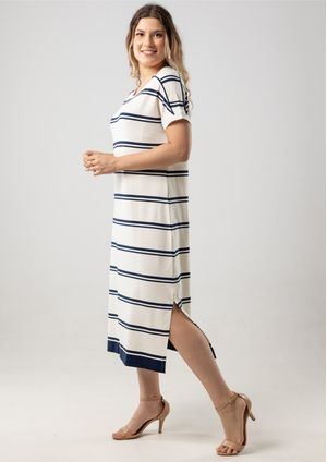 Vestido Midi Pau a Pique Listrado Off white