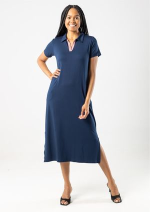 Vestido Midi com gola Pau a Pique Moletinho Azul Marinho