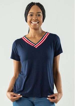 Blusa Pau a Pique Punho Decote V Azul Marinho
