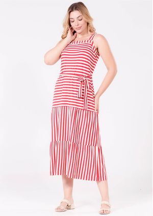 Vestido Pau a Pique Regata Midi Listrado Vermelho