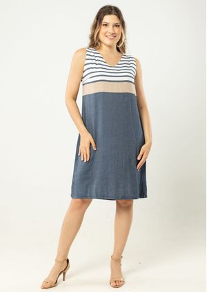 Vestido Pau a Pique Regata Listrado Viscose Azul marinho