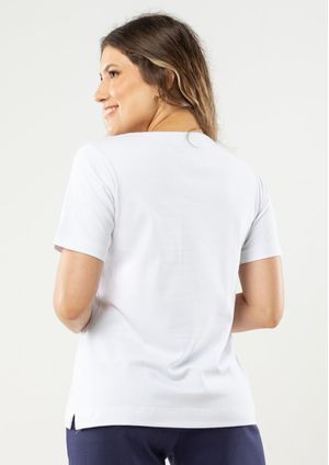 Blusa Manga Curta  Pau a Pique Básica Branca Estampada
