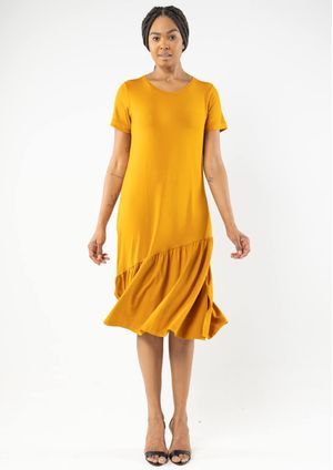 Vestido Pau a Pique Midi Básico Mostarda