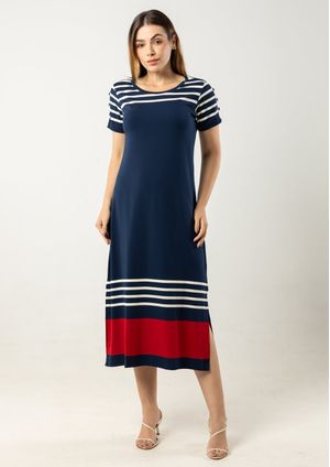 Vestido Midi Pau a Pique Listrado Azul Marinho