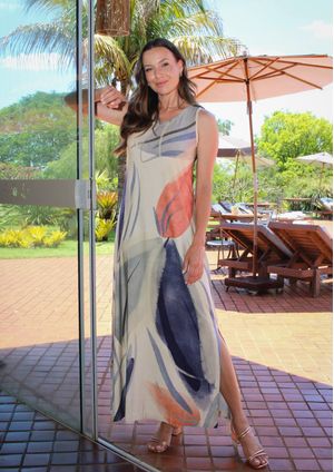 Vestido Longo Pau a Pique Estampado Azul