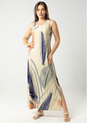 Vestido Longo Pau a Pique Estampado Azul