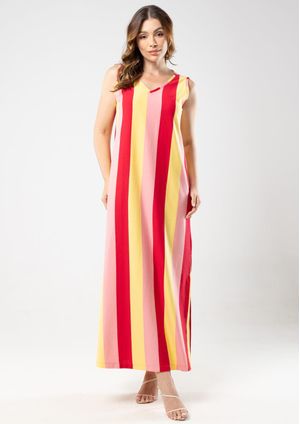 Vestido Longo Pau a Pique Listrado Vermelho