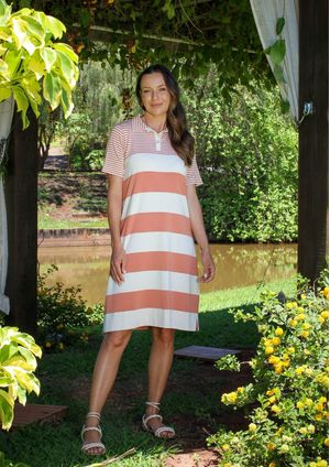 Vestido com gola Pau a Pique Listrado Laranja