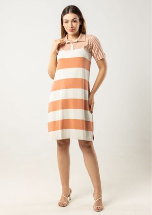 Vestido com gola Pau a Pique Listrado Laranja