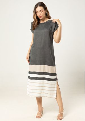 Vestido Pau a Pique Listrado Viscose Preto
