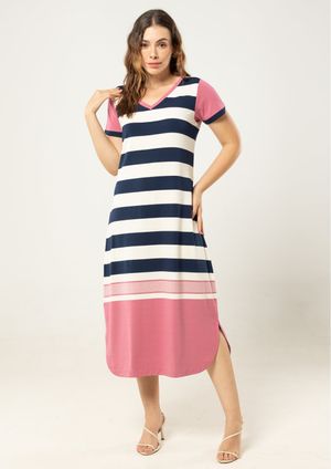 Vestido Midi Listrado Pau a Pique Azul Marinho